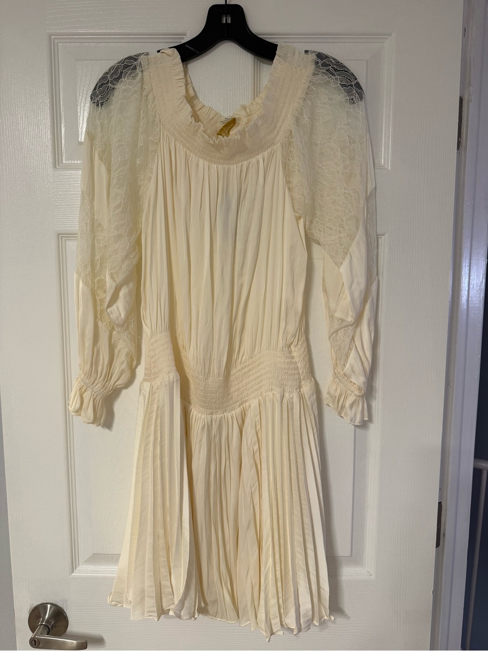 Ramy Brook Cream Lace-Trim Long Sleeve Pleated Dress